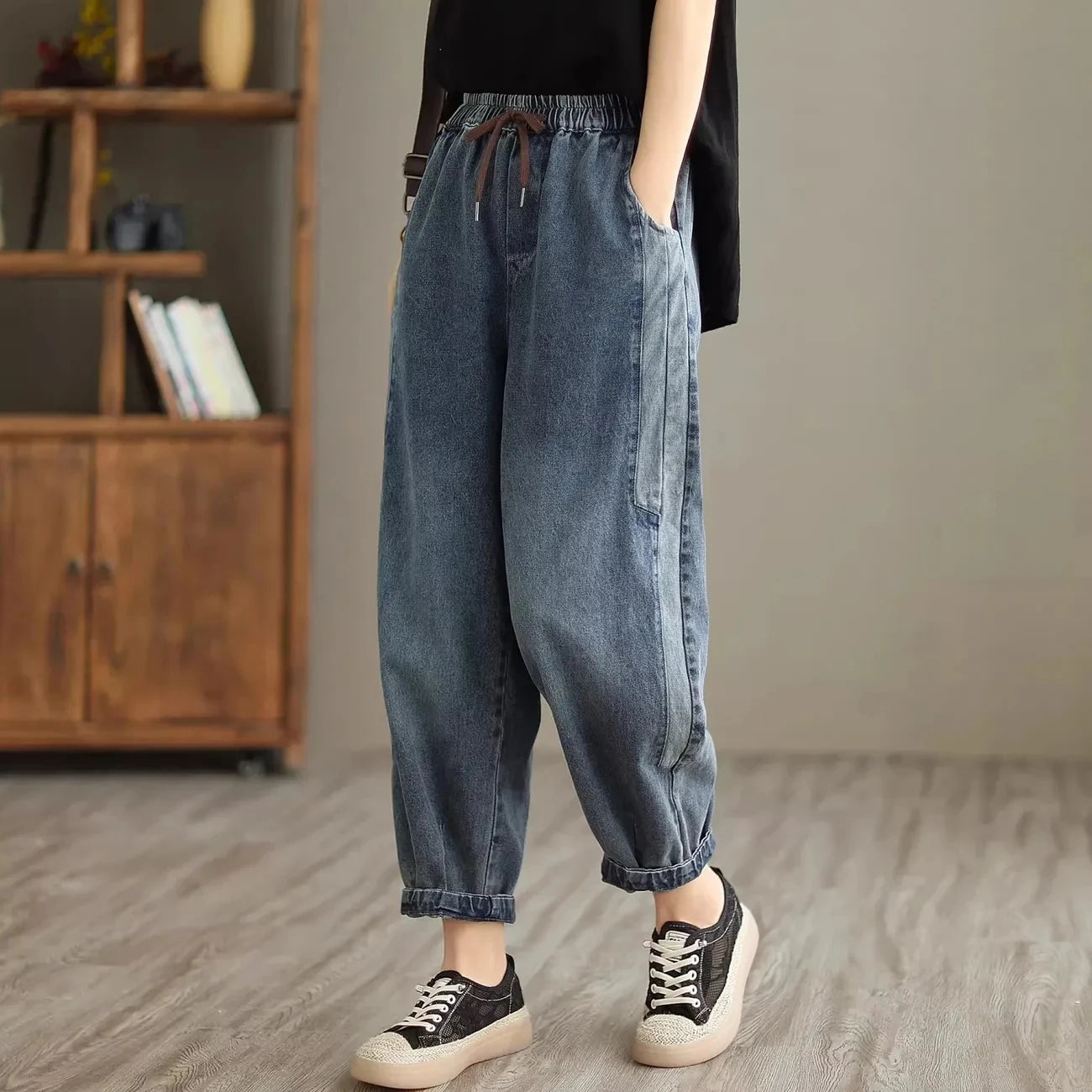 Women's Drawstring Elastic Waist Cropped Cuffed Denim Jeans