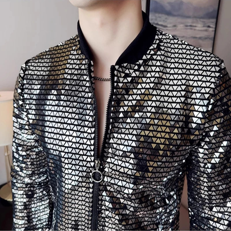 Metallic Finish Long Sleeve Front Zip Casual Bomber Jacket