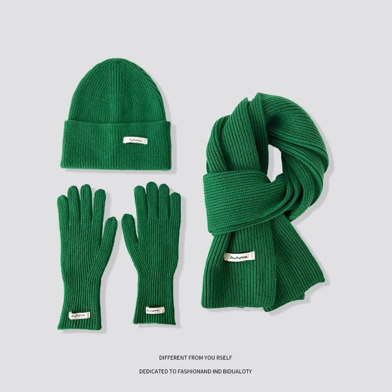 Women's Solid Knitted Hat Scarf and Gloves Set for Winter Outfits