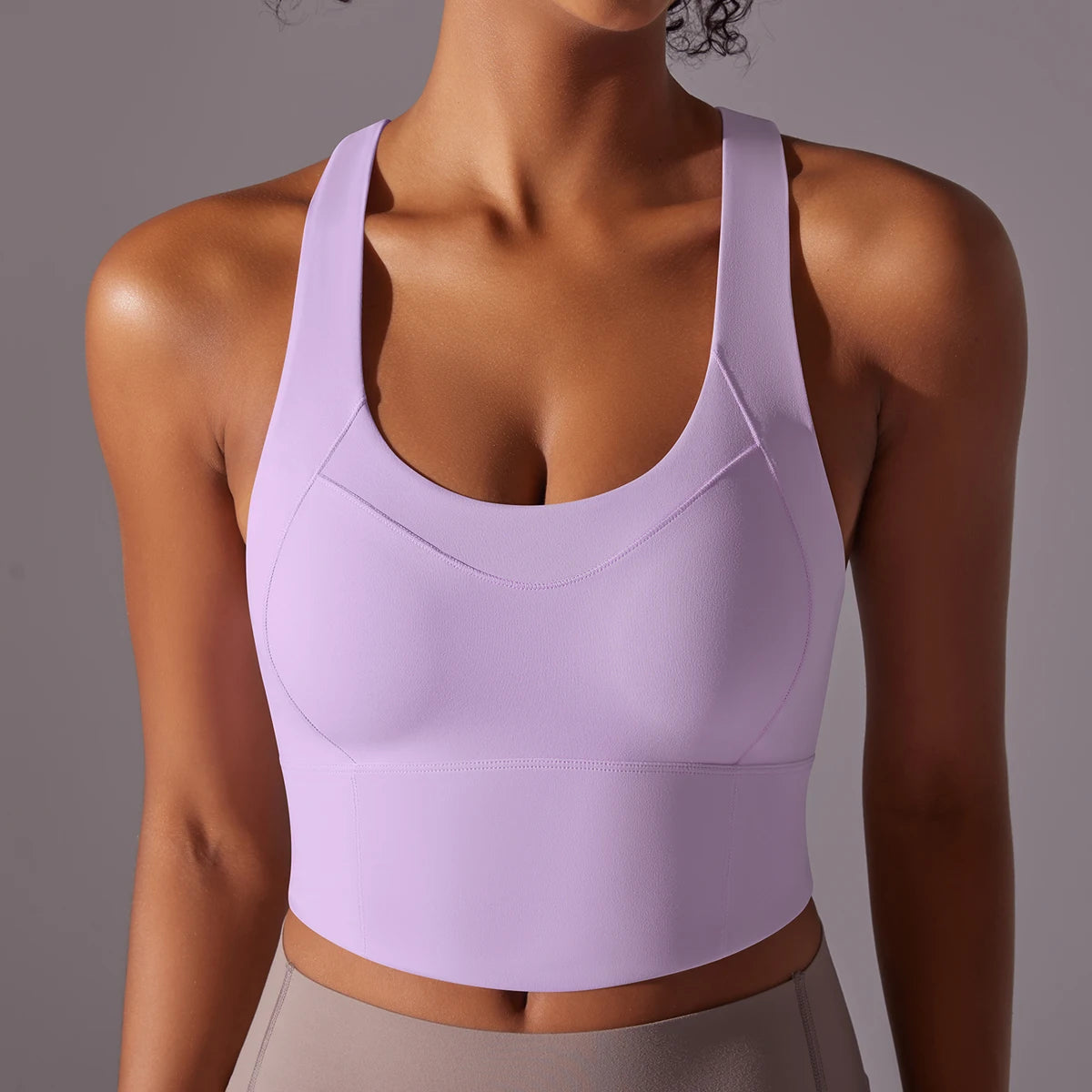 Women's Cross Back Nylon Blend Longline Sports Bra with Scoop Neck