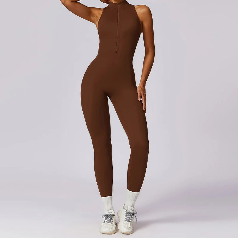 Women's Sleeveless Nylon Blend Workout Jumpsuit with Back Cutout and Fitted Legs