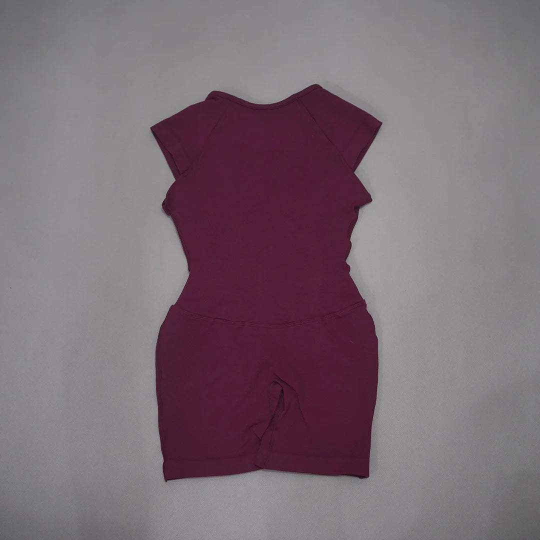 Women's Cap Sleeve Nylon Blend Workout Romper with Open Back