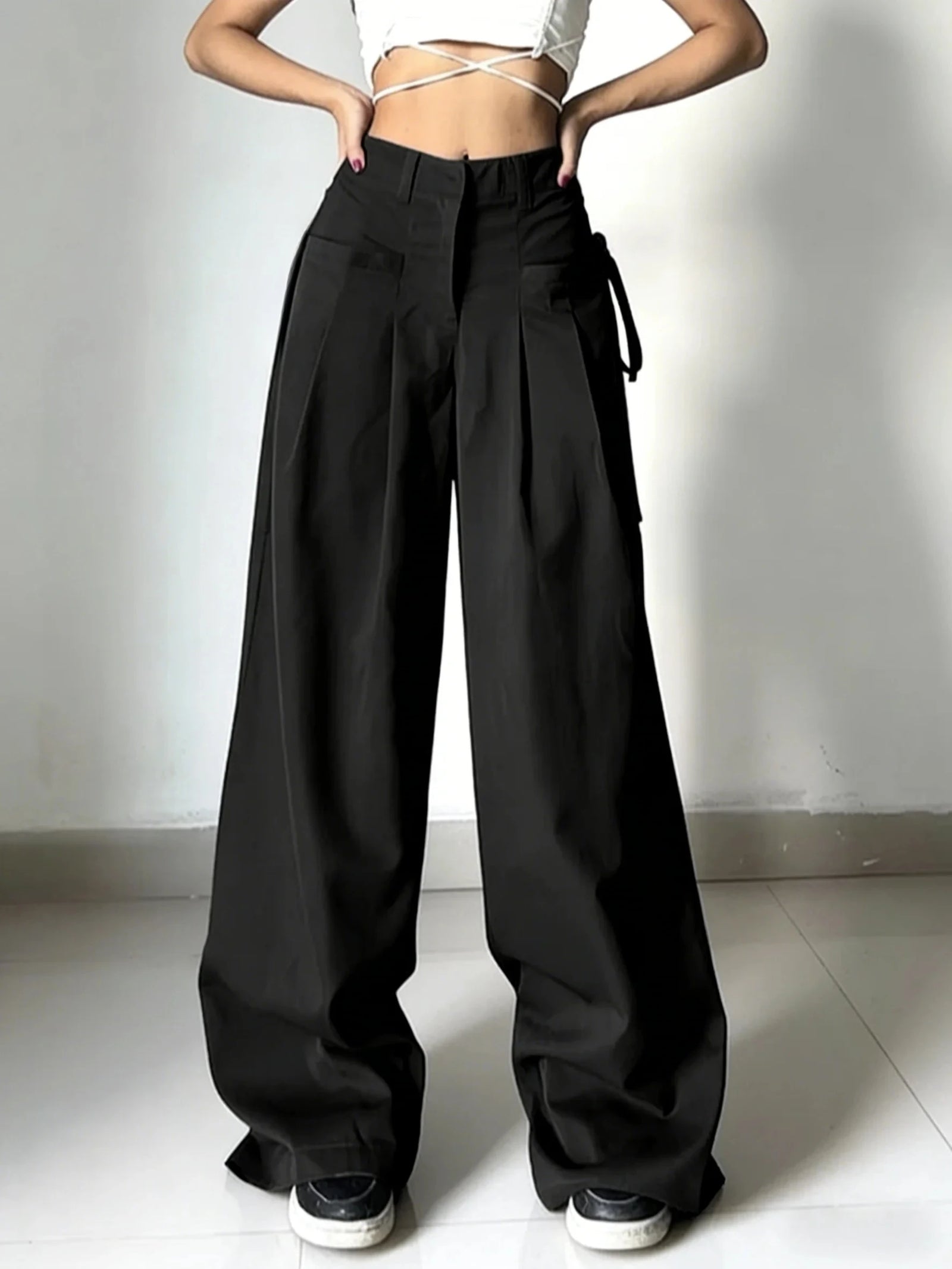 Women's Black Wide Leg Pants with Pleats and Side Waist Ties