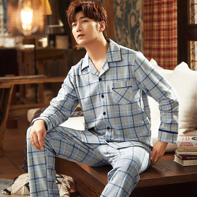 Men's Printed Button Front Long Sleeve Shirt and Pants Pajama Set