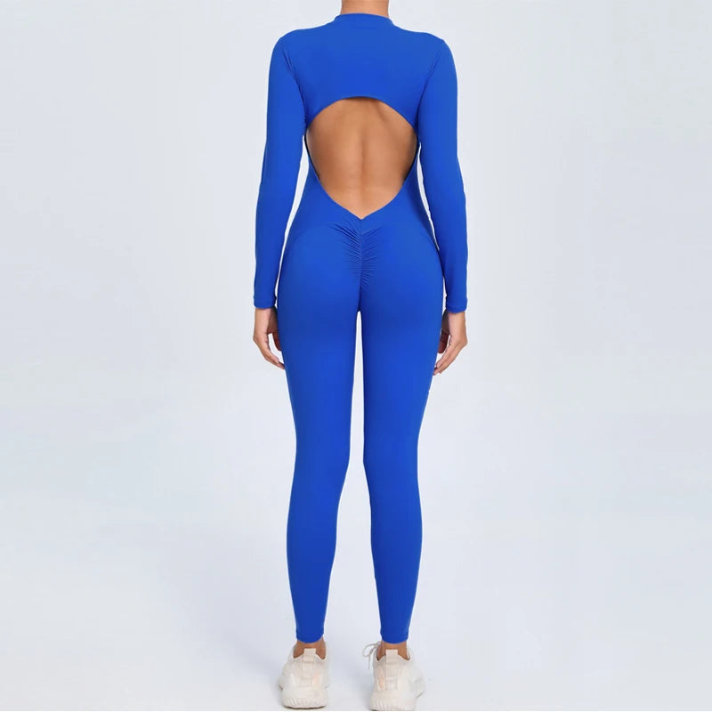 Women's Long Sleeve Nylon Blend Workout Jumpsuit with Oval Back Cutout