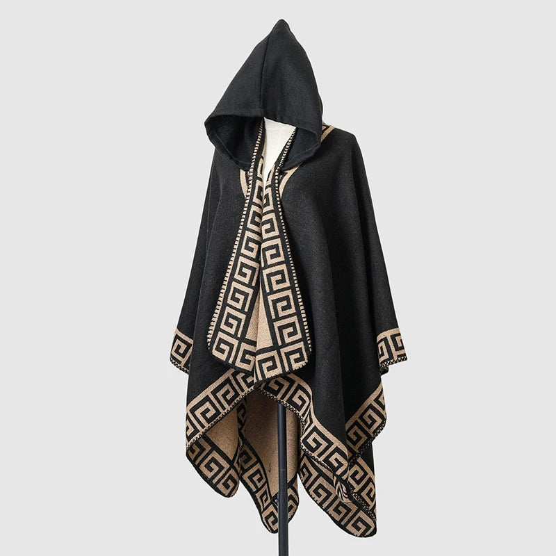 Hooded Geometric Border Poncho for Layering over Outfits
