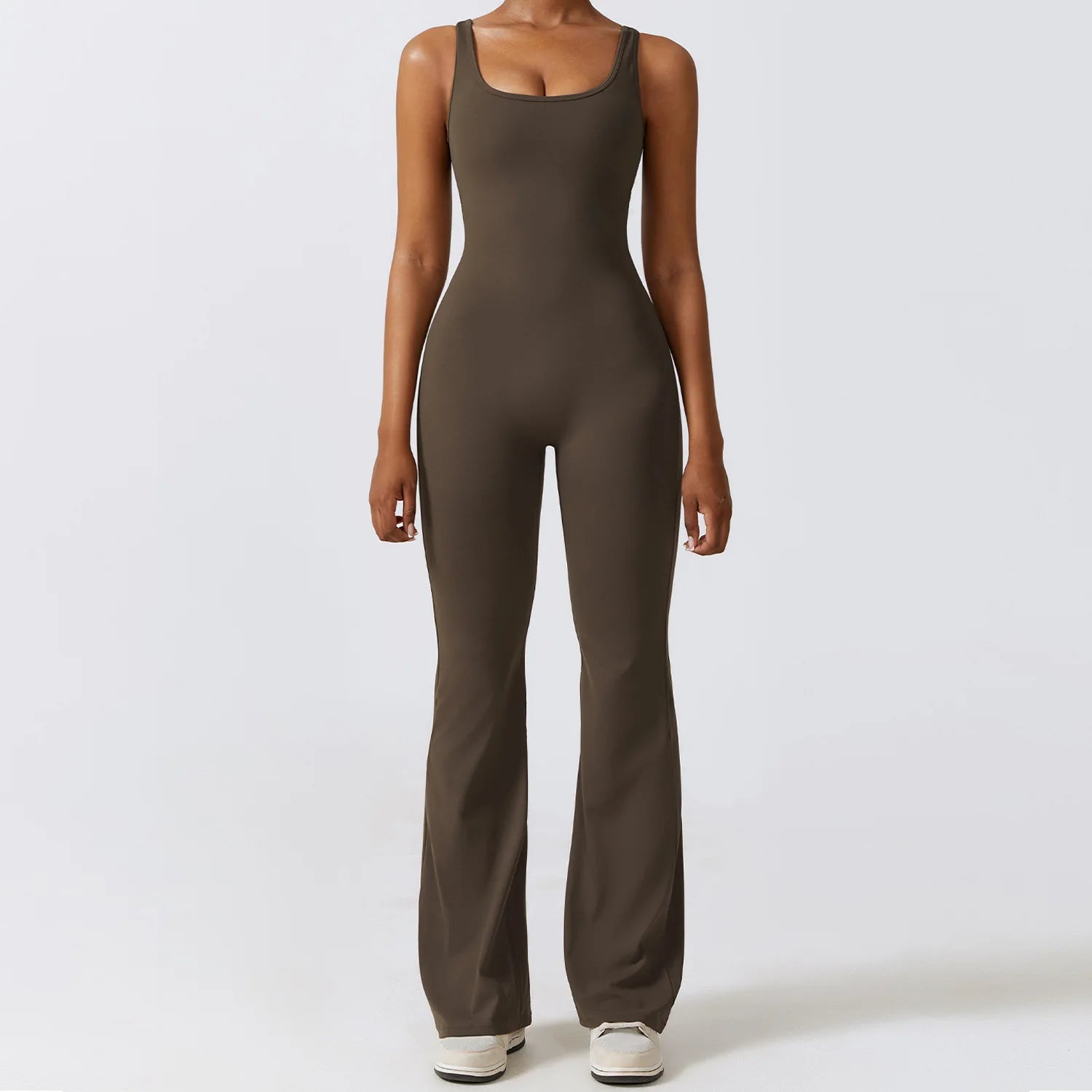 Women's Sleeveless Nylon Blend Flared Workout Jumpsuit with Back Cutout