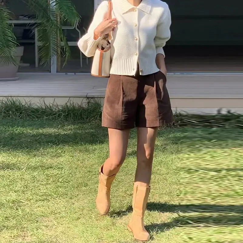Women's 97% Cotton Corduroy High-Waist Shorts with Side Pockets for Everyday Wear