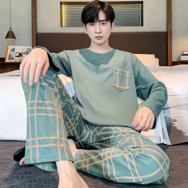 Men's Printed Long Sleeve Crew Neck Top and Pants Pajama Set