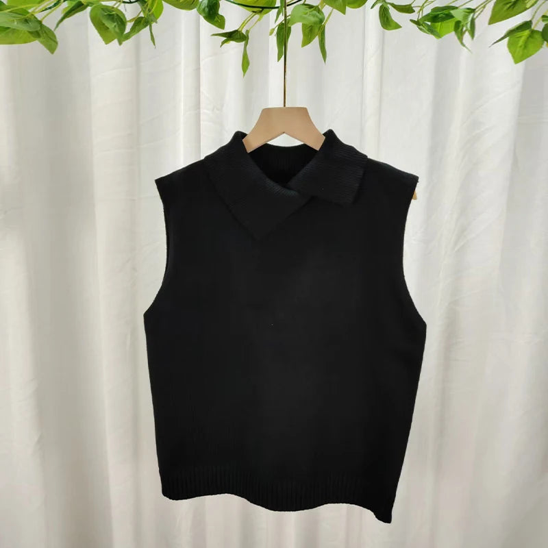 Women's Collared Sleeveless Knit Styles Vest Casual Knit Layer