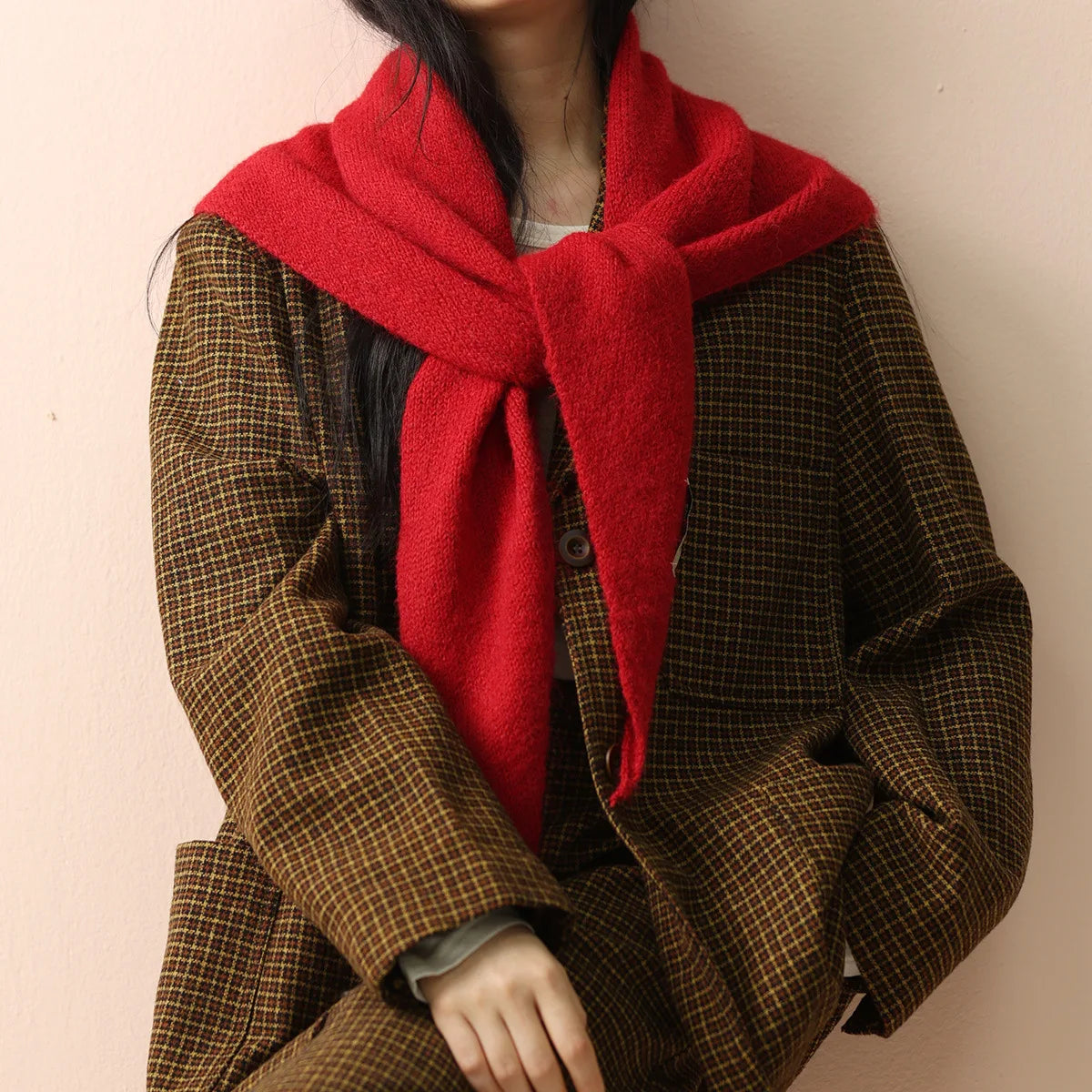 Solid Knitted Triangle Scarf with Long Pointed Ends