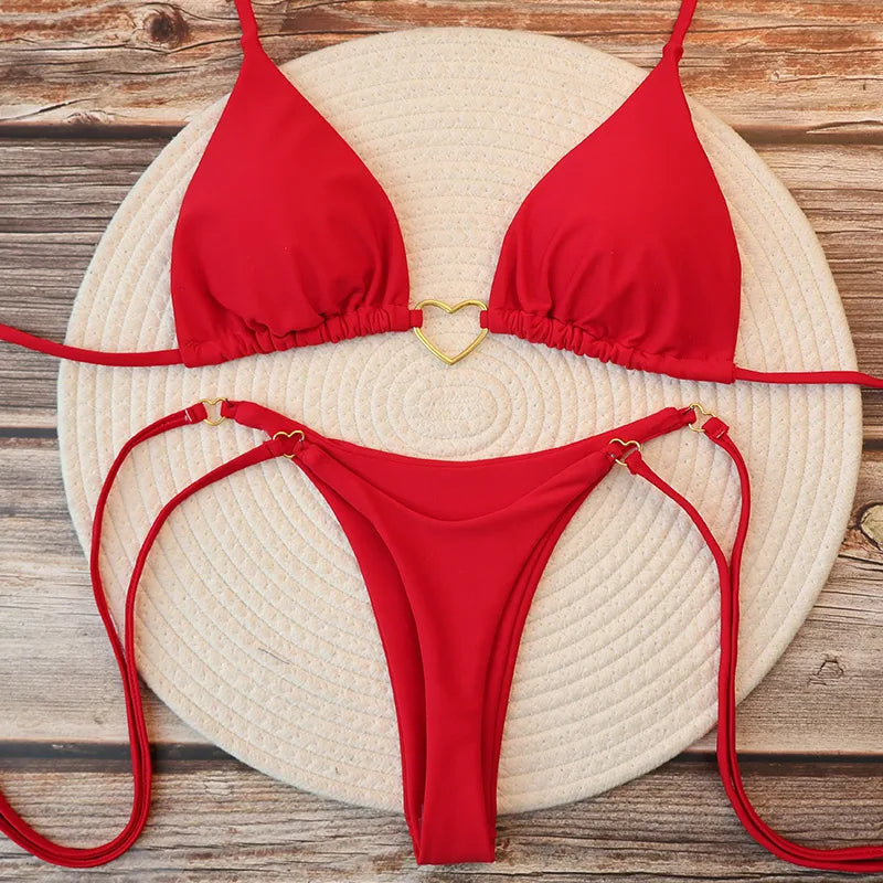 Heart Print Halter Triangle Bikini