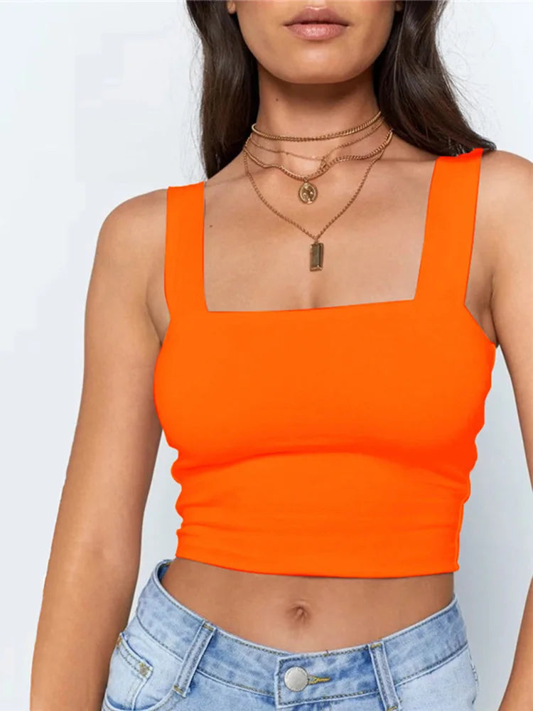 Women's Square Neck Crop Top with Wide Shoulder Straps and Cropped Length