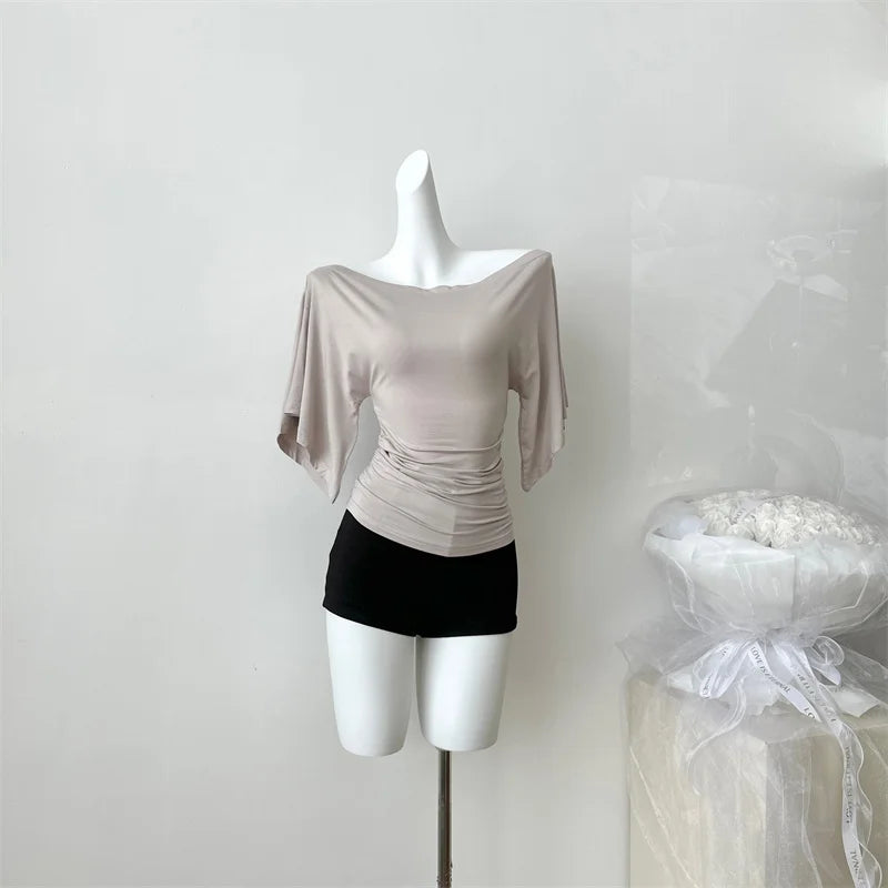 Women's Solid Polyester Slash Neck Blouse with Flared Sleeves and a Fitted Shape