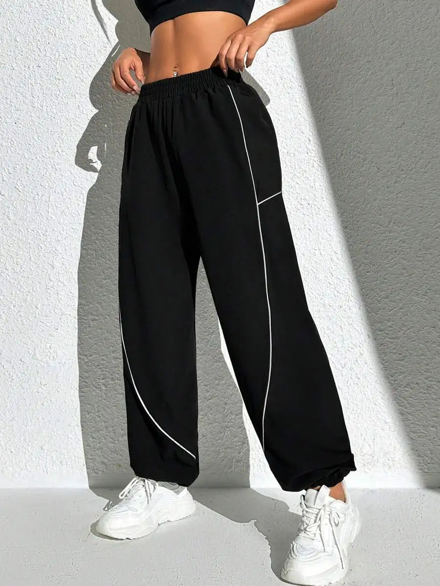 Women's Contrast Seam Polyester Blend Wide Leg Pants with Gathered Ankles