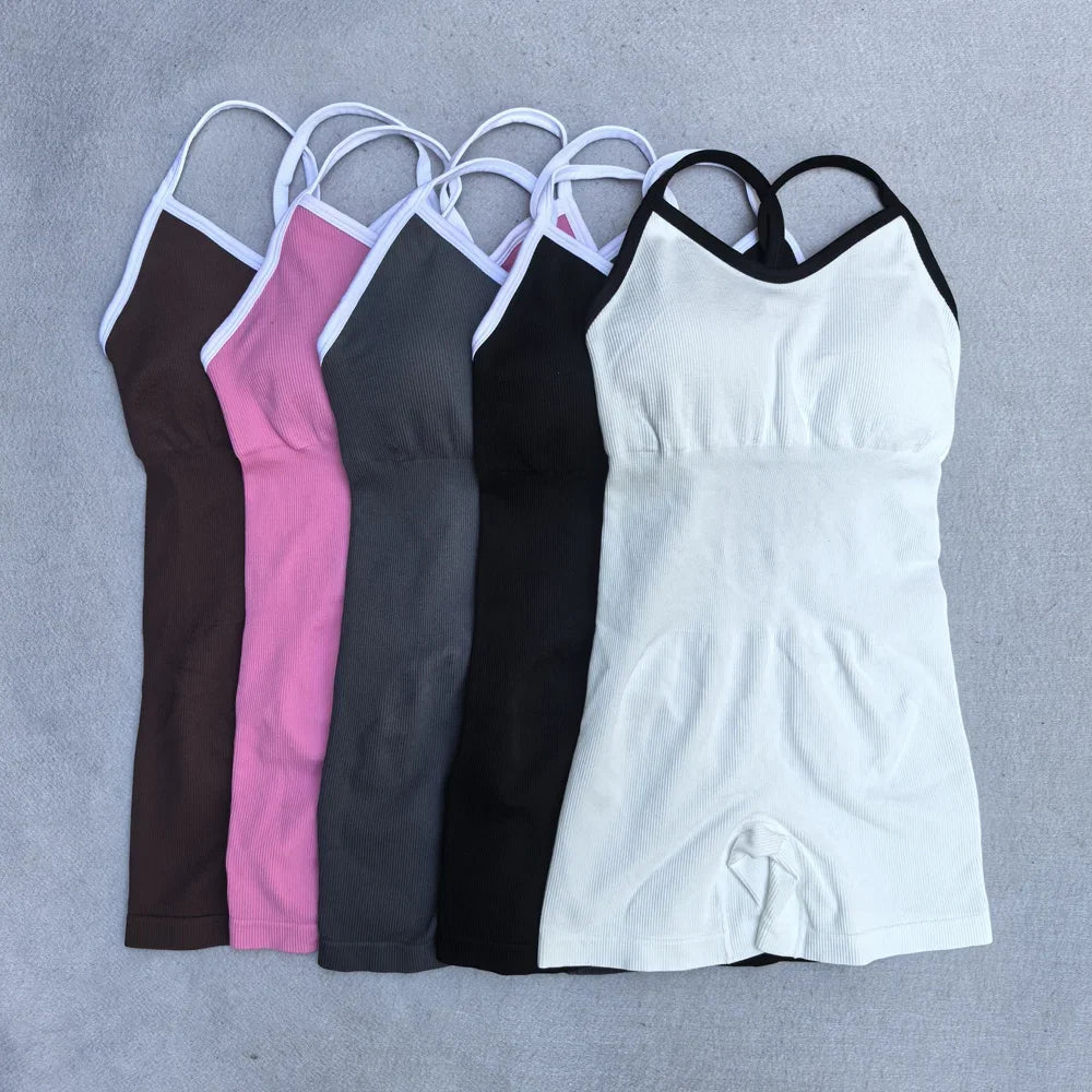 Women's Cross Back Nylon Blend Workout Romper with White Trim and Short Legs