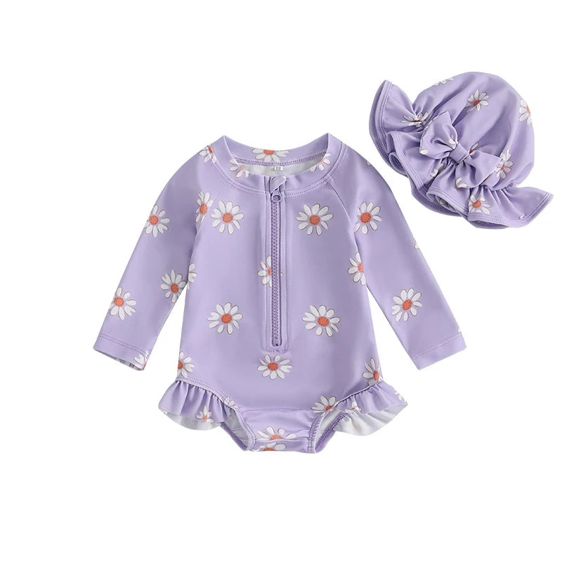 Baby Girls' Floral Long Sleeve Zip-Front Swimsuit with Hat