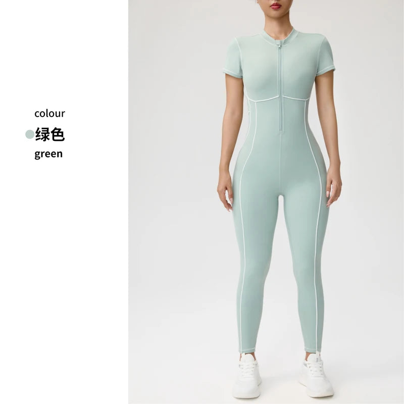Women's Short Sleeve Nylon Blend Workout Jumpsuit with Back Cutout
