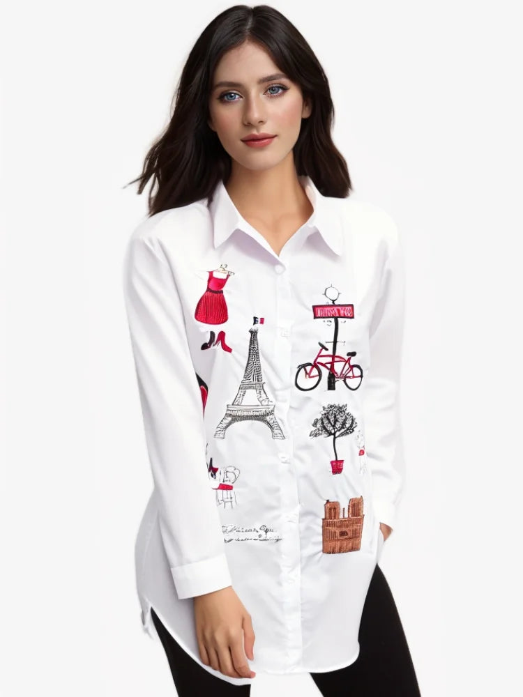 Women's Embroidered Collared Long Sleeve Shirt