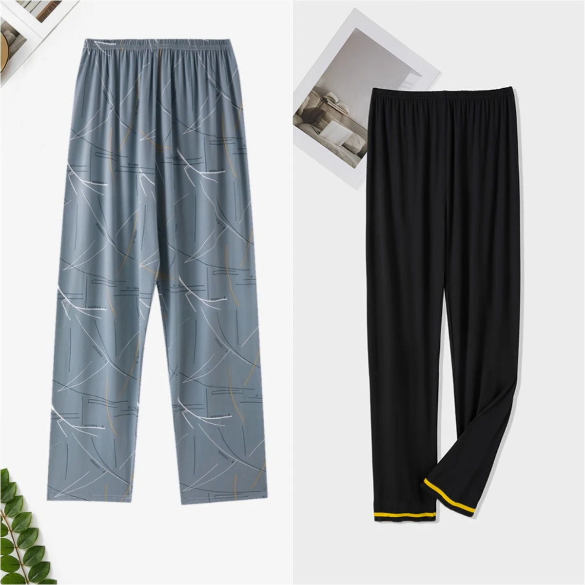 Men's Printed Elastic Waist Long Pajama Pants with Style Options