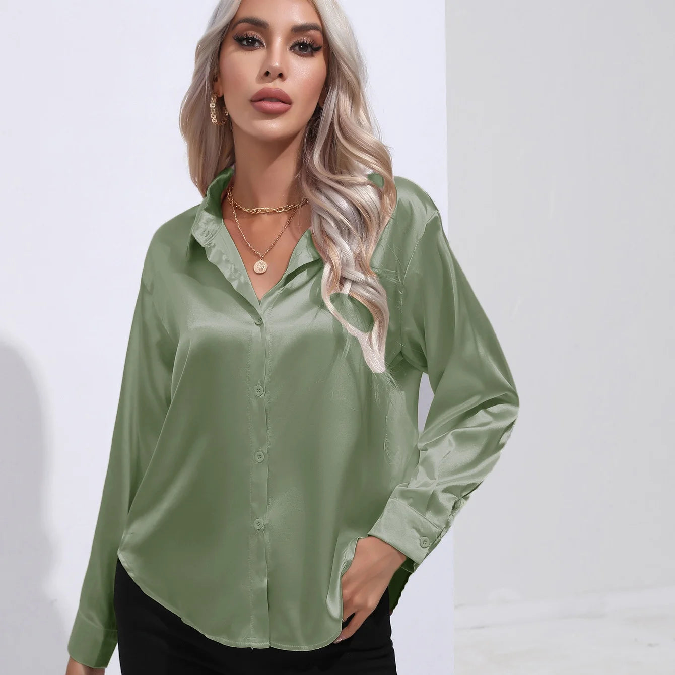 Women's Button Front Satin Look Shirt