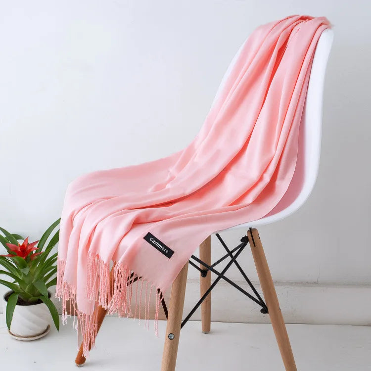 Solid Long Rectangular Scarf with Fringed End Trim