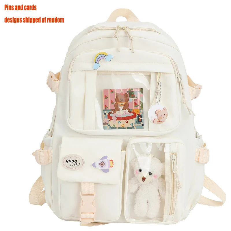 Multi-Pocket Student Backpack with Transparent Display Panels and Side Strap Details
