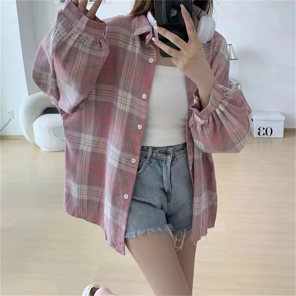 Women's Checked Collared Long Sleeve Shirt