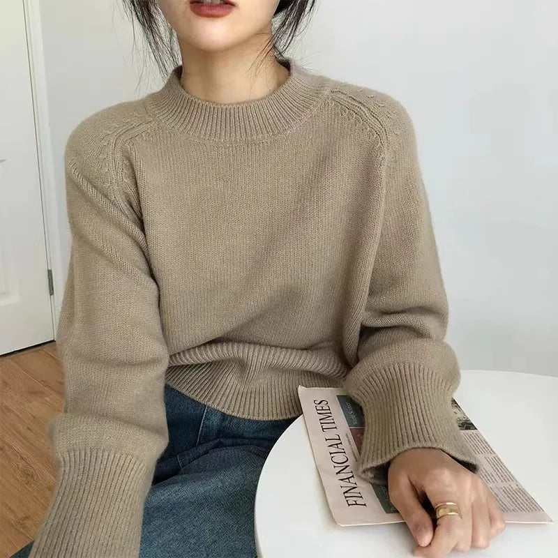 Pure wool retro sweater crewneck pullover short knitwear women's top trend