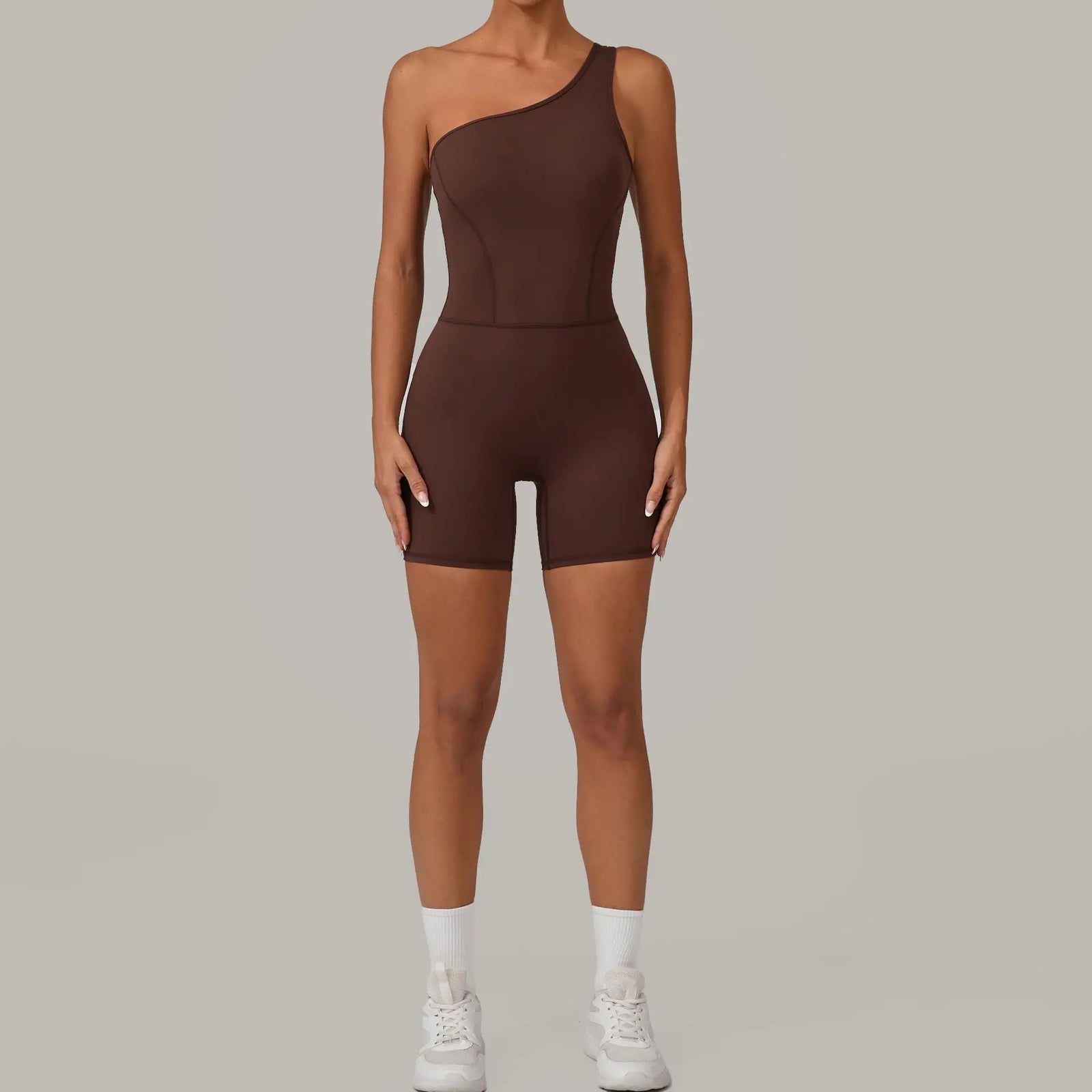 Women's One Shoulder Nylon Blend Workout Romper with Fitted Short Legs