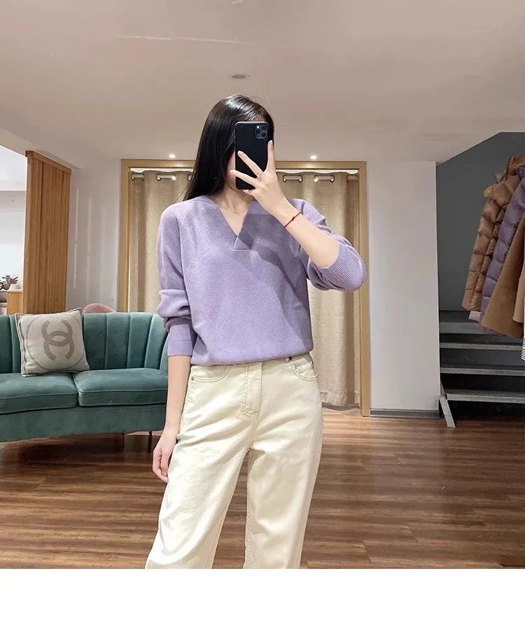 V-neck pure cashmere sweater women autumn and winter loose and versatile knitted sweater short wool base layer