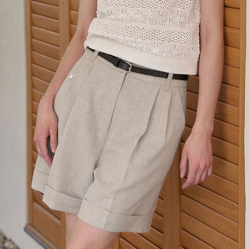 Women's Linen High-Waist Loose Pleated Shorts with Side Pockets and Zipper Fly
