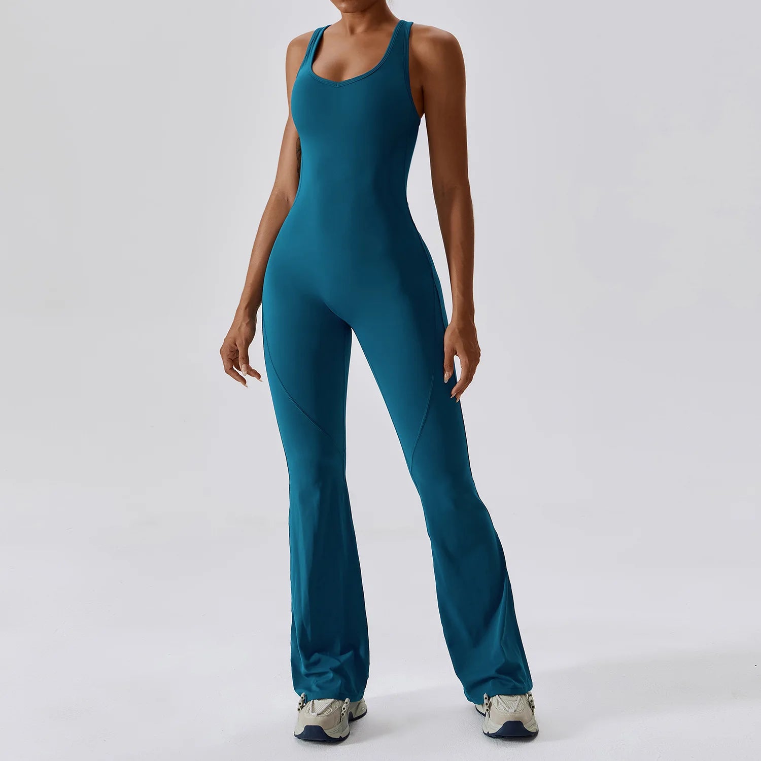 Women's Open Back Nylon Blend Flared Workout Jumpsuit with Tank Top