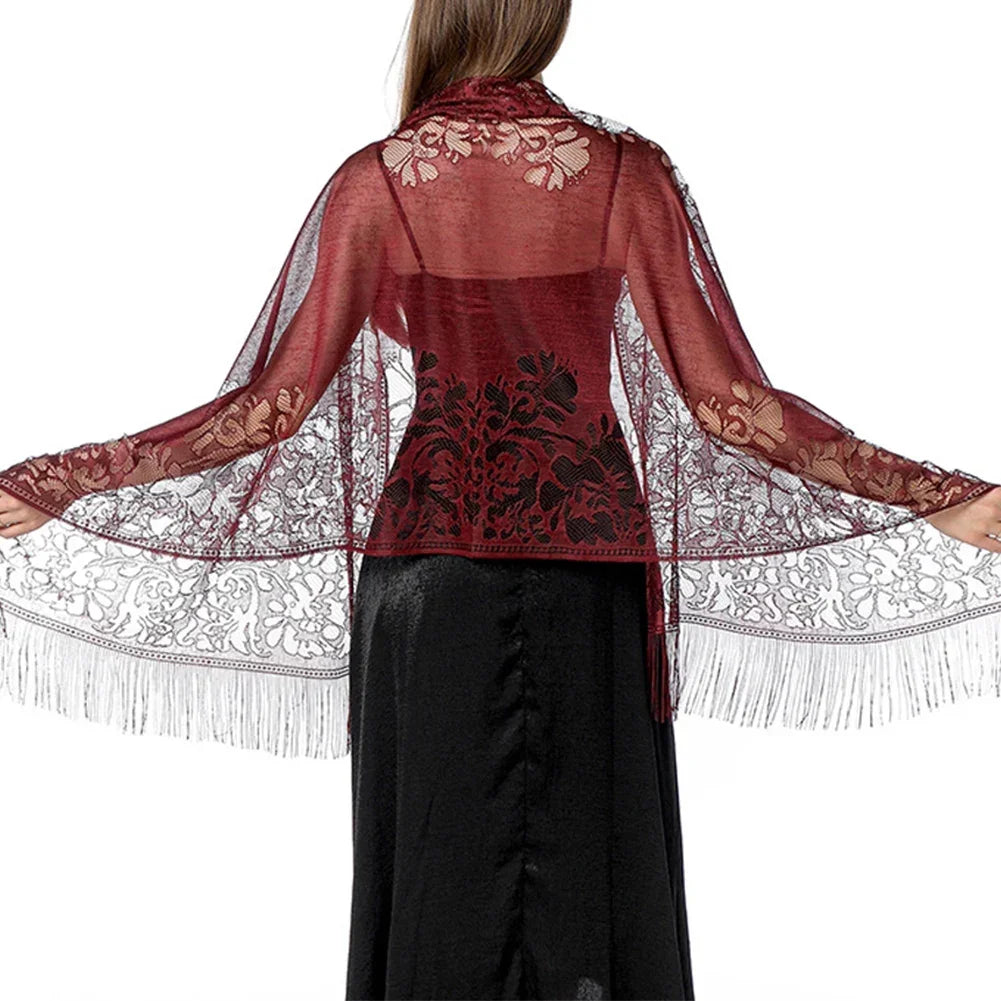 Floral Lace Fringed Wrap Scarf for Layering over Outfits