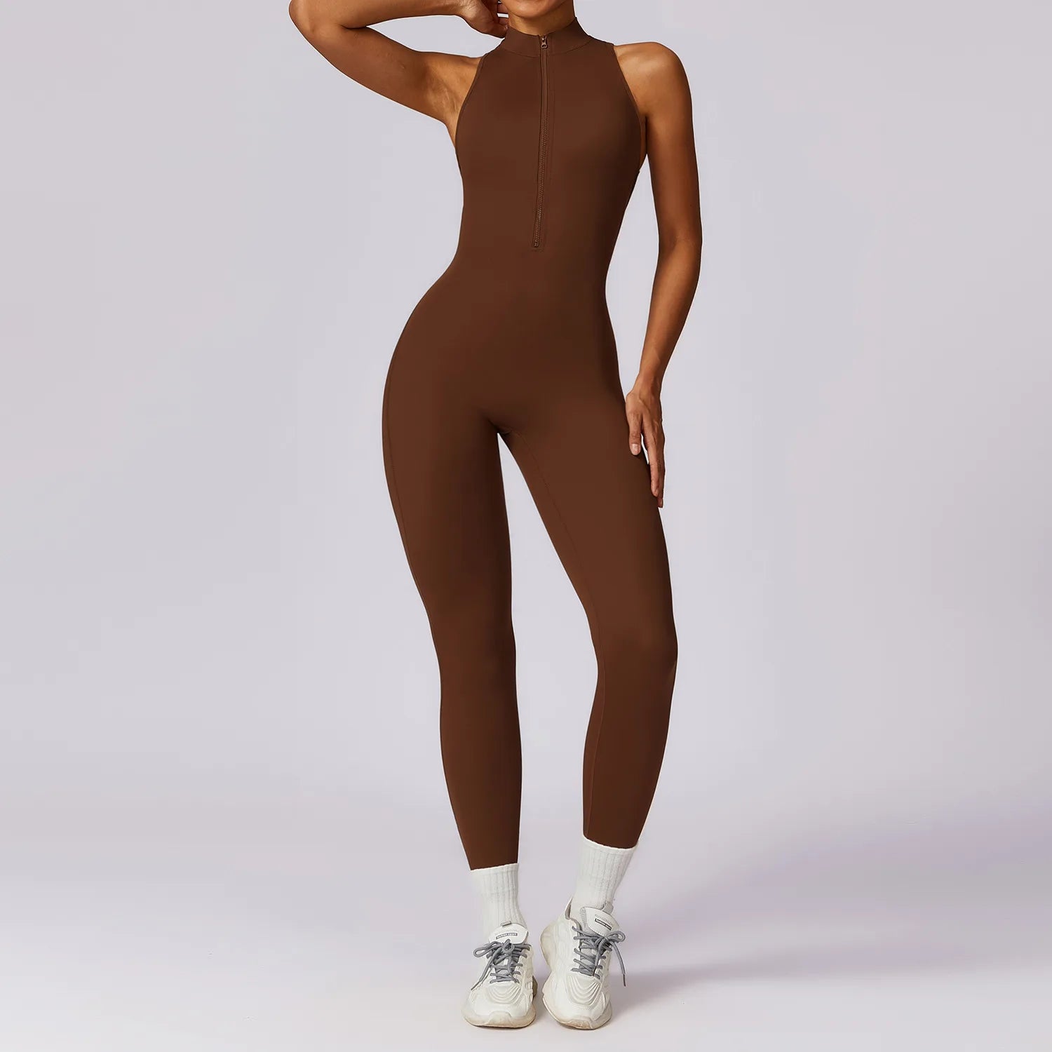 Women's Sleeveless Nylon Blend Workout Jumpsuit with Back Cutout and Fitted Legs