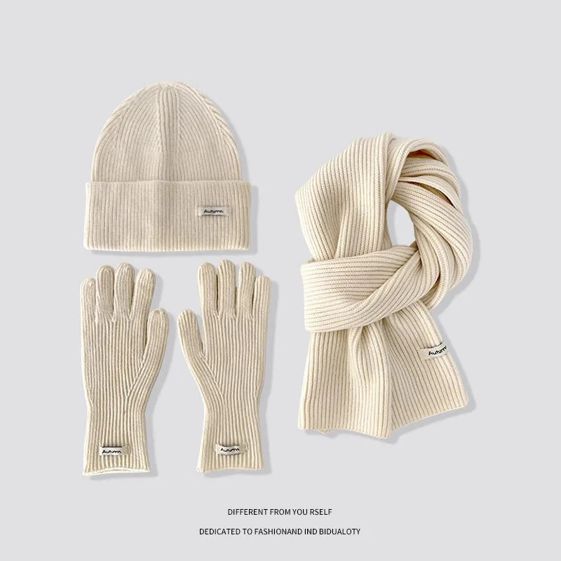 Women's Solid Knitted Hat Scarf and Gloves Set for Winter Outfits