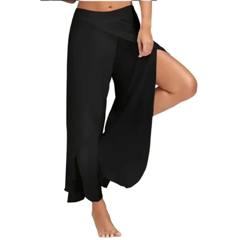 Women's Side Split Polyester Rayon Palazzo Pants with Flowing Wide Legs