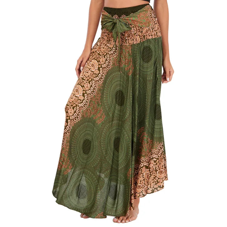 Women's Printed Nylon Harem Pants with Smocked Waist and Convertible Styling