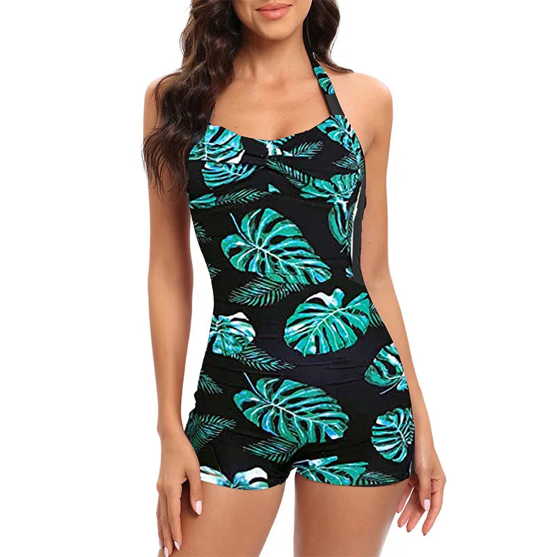 Women's Halter Neck Ruched Front Boyleg One Piece Swimsuit