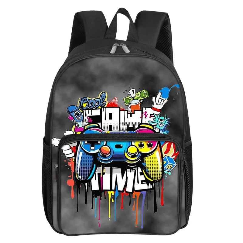 Children's Gamepad Print Backpack with Front Pocket and Twin Shoulder Straps