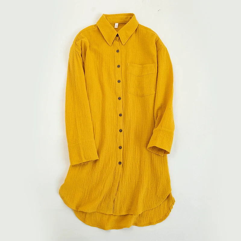 Women's Cotton Long-Sleeve Collared Loose A-Line Mini Shirt Dress with Front Buttons