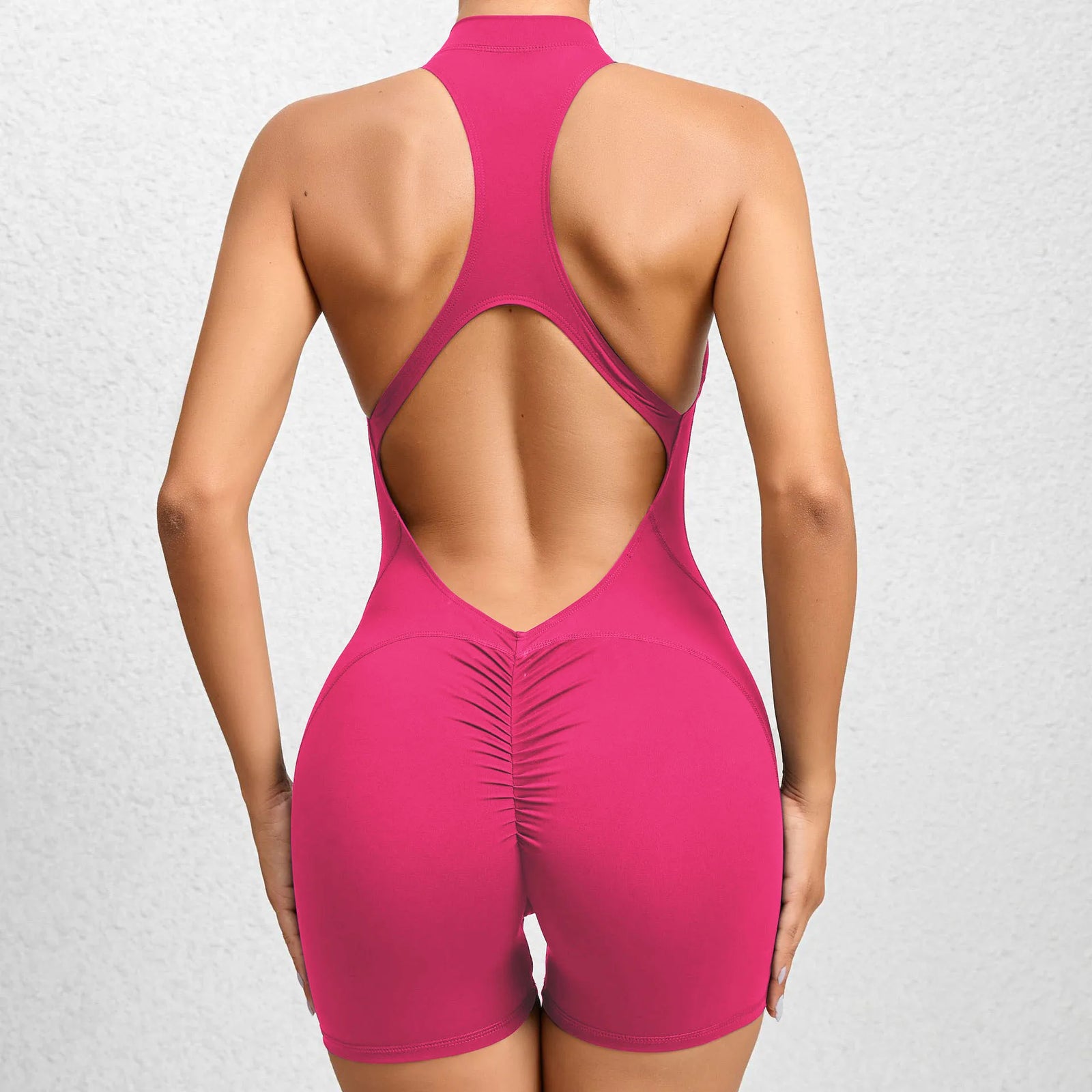 Women's Halter Neck Nylon Blend Workout Romper with Front Zipper and Racerback