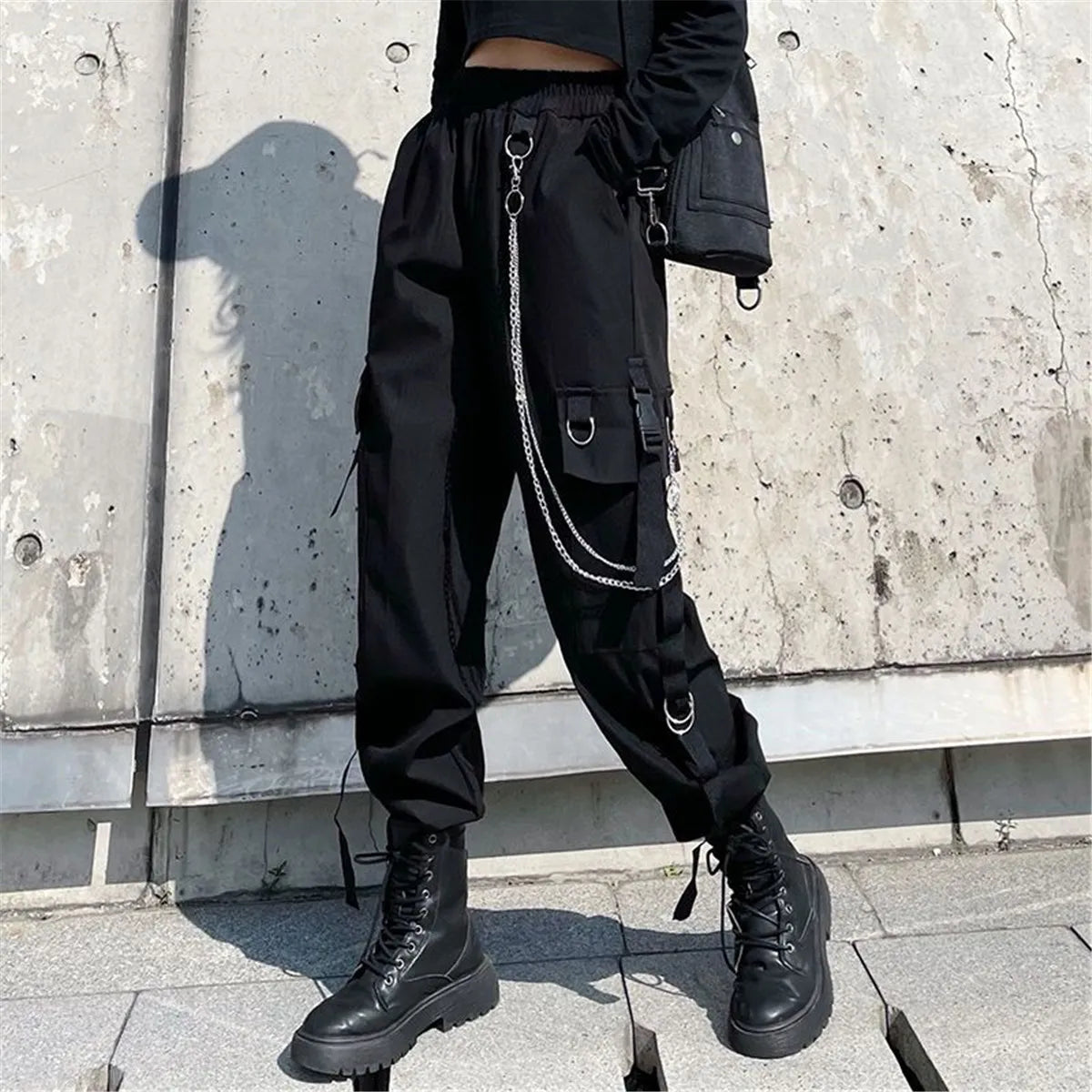Women's Black Cargo Joggers with Chain Details and Multiple Pockets