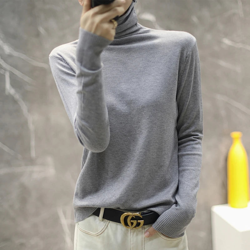 Women's Fitted Roll Neck Long Sleeve Sweater Casual Knit Layer