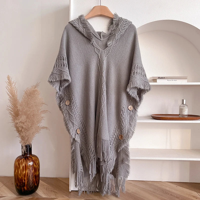 Hooded Crochet Fringe Poncho for Layering over Outfits