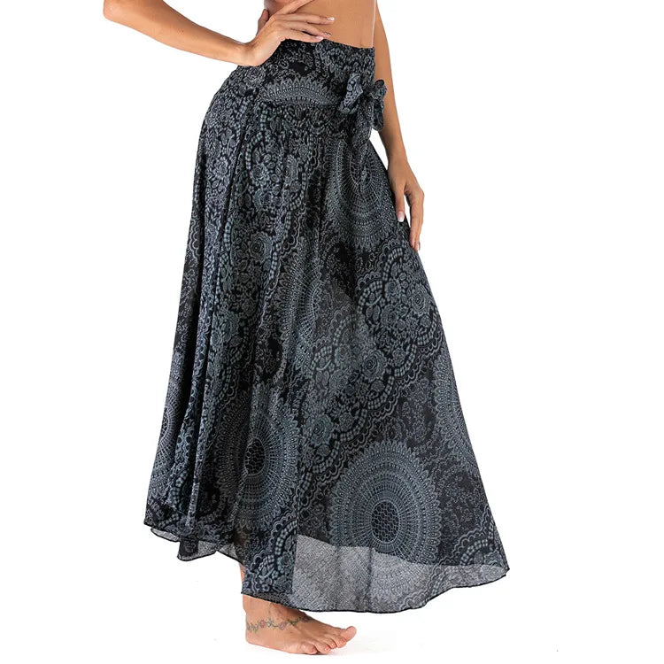 Women's Printed Nylon Harem Pants with Smocked Waist and Convertible Styling
