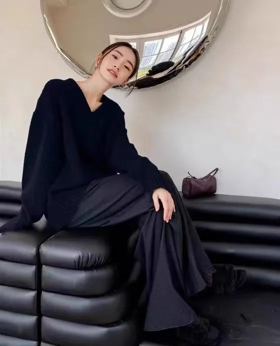 V-neck 100 pure wool sweater for women in autumn and winter, loose and thick sweater, long-sleeved knitted top