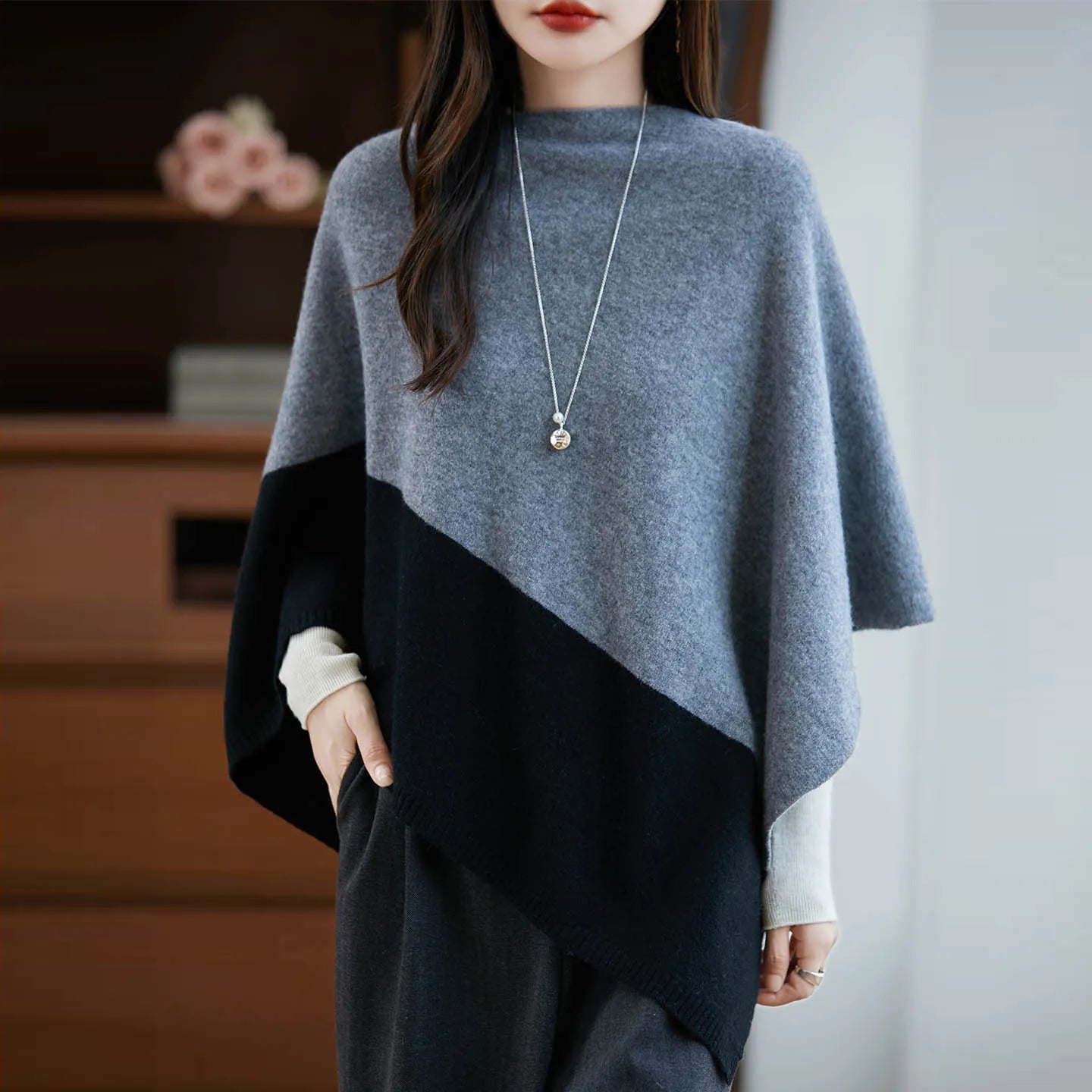 Contrast Block Asymmetric Poncho for Layering over Outfits