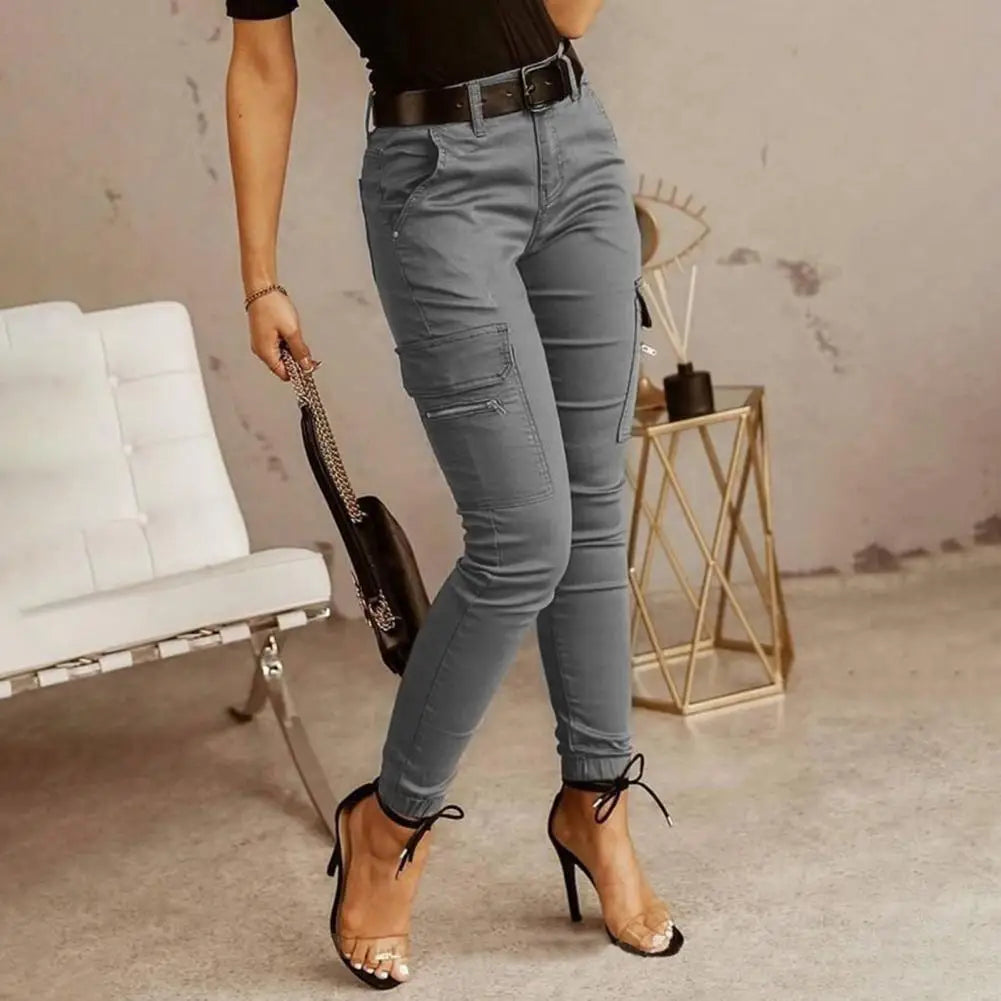 Women's Slim Cargo Pants with Button Fastening and Side Zip Pockets