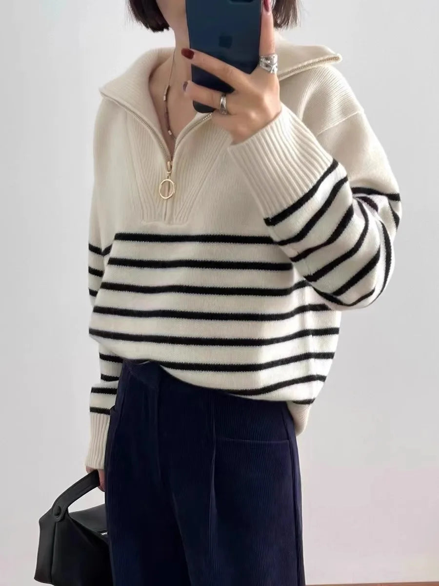 Autumn/Winter new classic striped zipper turtleneck + lapel 100% cashmere knit sweater women's bottom sweater